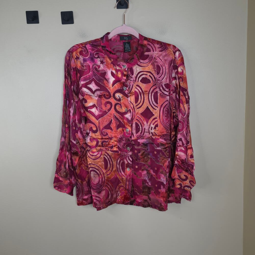 IOS Long Sleeve 100% Silk Button Front Blouse in Vibrant Print Size L